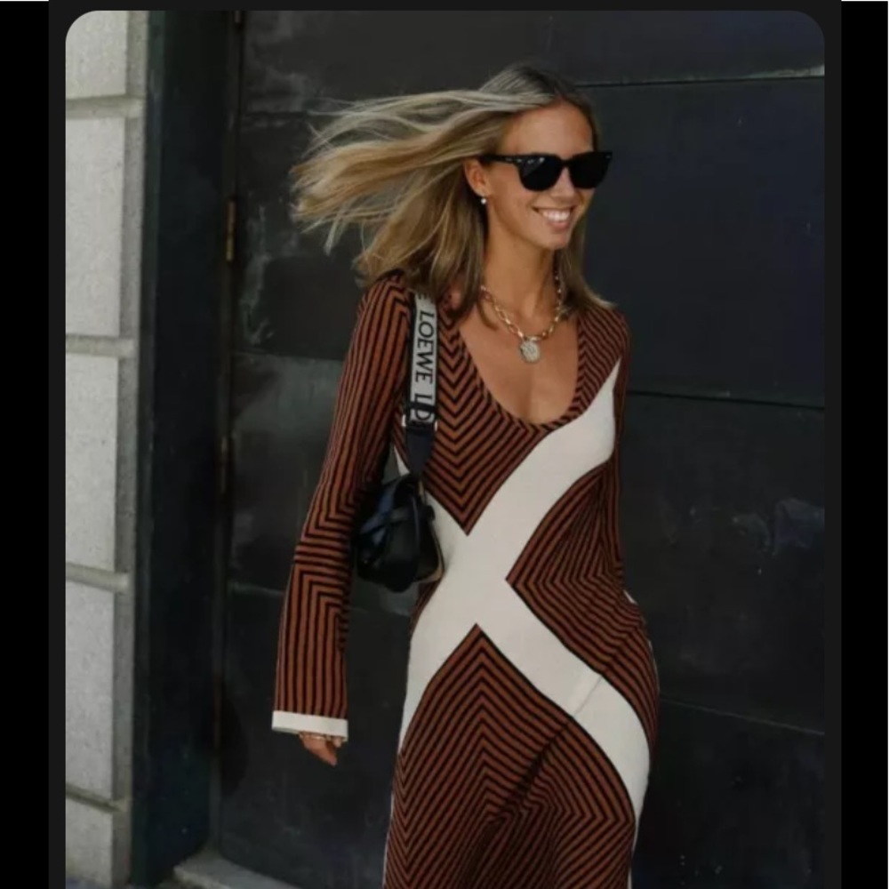 ZARA FW21 STRIPED MIDI LONG DRESS BROWN SIZE XL RARE BNWT